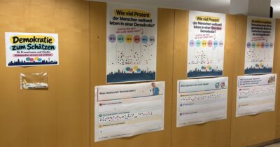 Eine Wand mit verschiedenen Plakaten auf welche Klebepunkte auf Felder geklebt sind, z.B. Wie viel Prozent der Menschen weltweit leben in einer Demokratie? Sechs Felder mit 10-50%